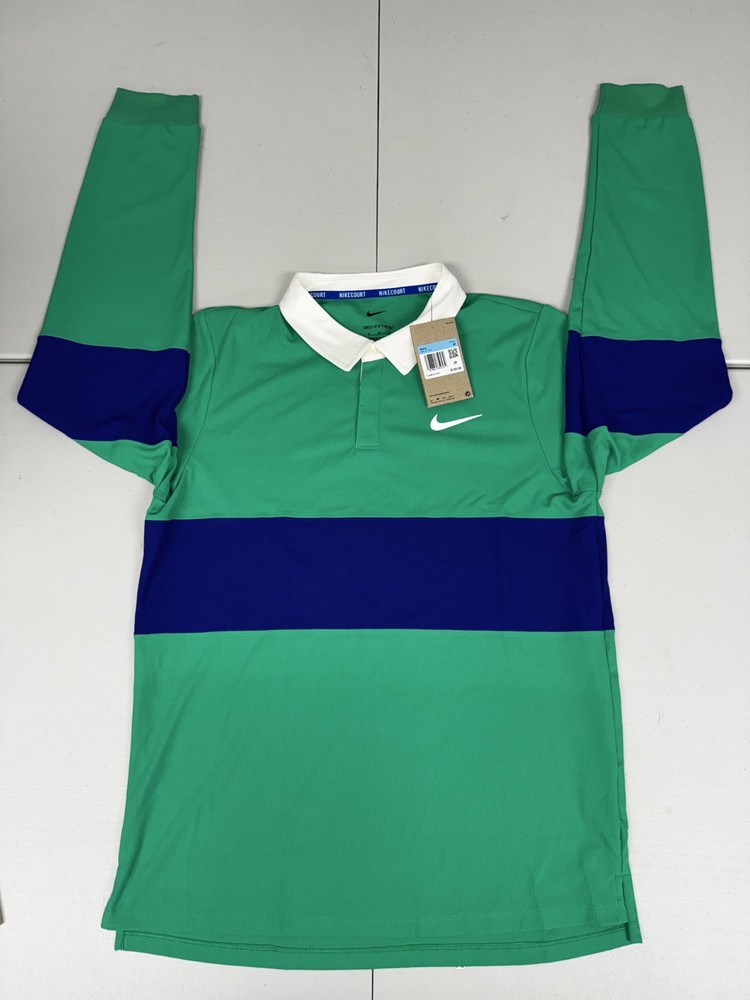 Nike Court Advantage Slam Green Blue Long Sleeve Polo IB8141-324 Mens Size M