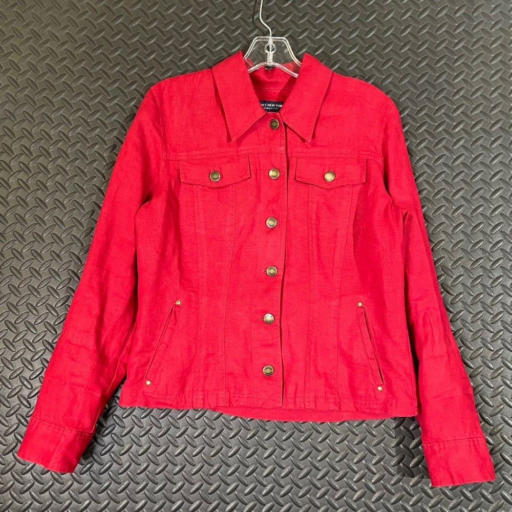 Jones New York Signature Petite Red Button Up Jacket Linen Women's Size PS