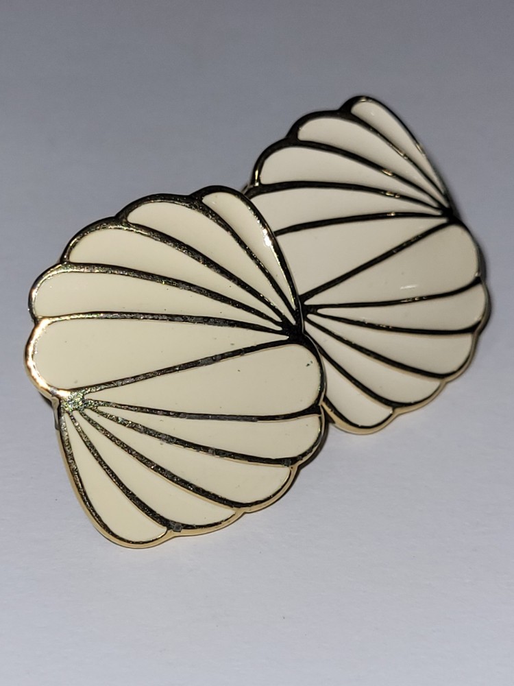 Signed Trifari Earrings Gold tone Cream Enamel Clam Shell Clipon Fashion Jewelry