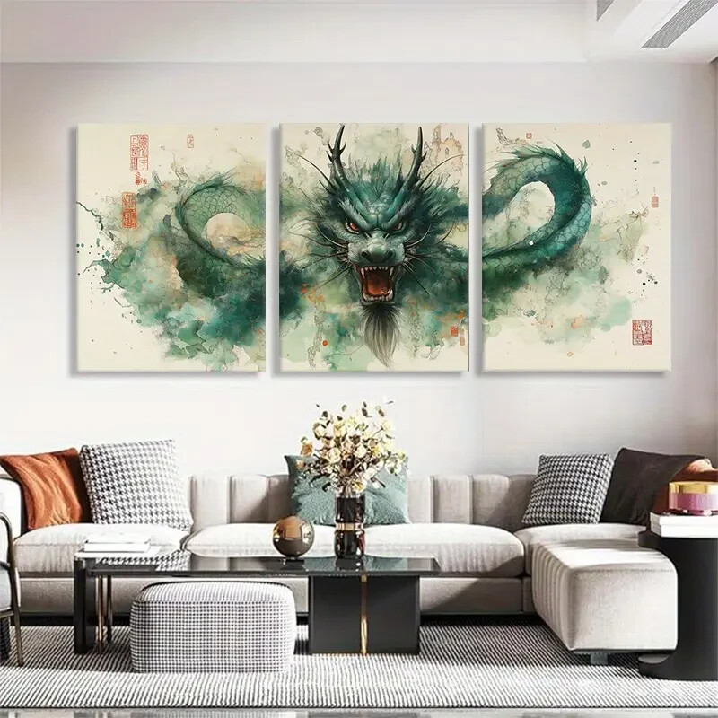 3pcs Majestic Green Dragon Wall Art Canvas Unframed or Framed