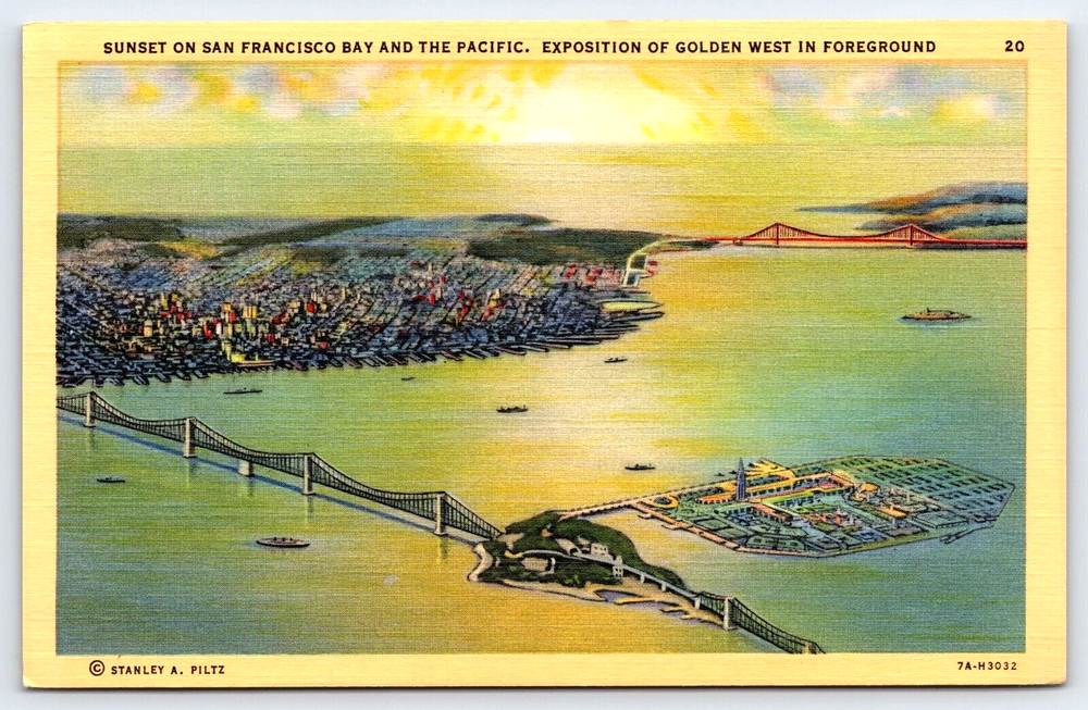 Original Vintage Postcard Sunset On San Francisco Bay Exposition Of Golden West