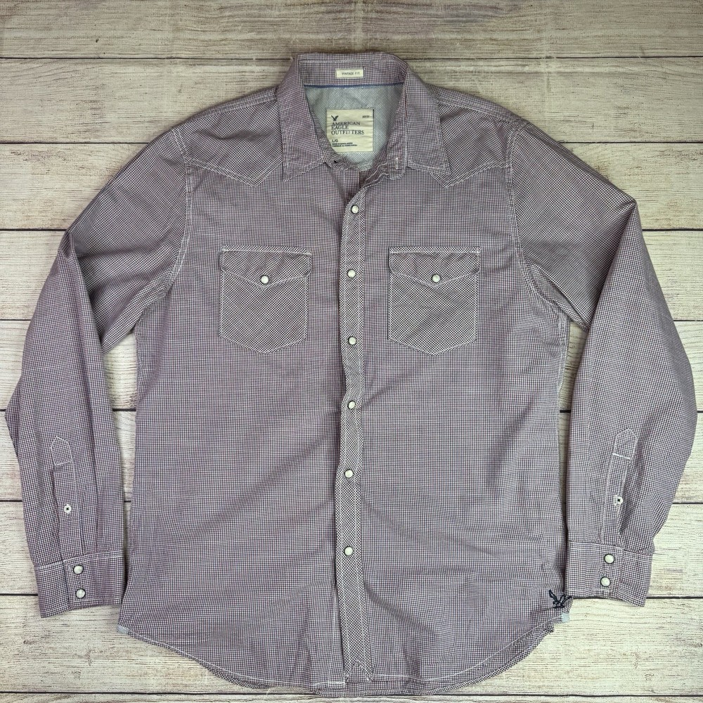 American Eagle Vintage Fit Western Shirt Men’s L Red Blue Plaid Snap Front