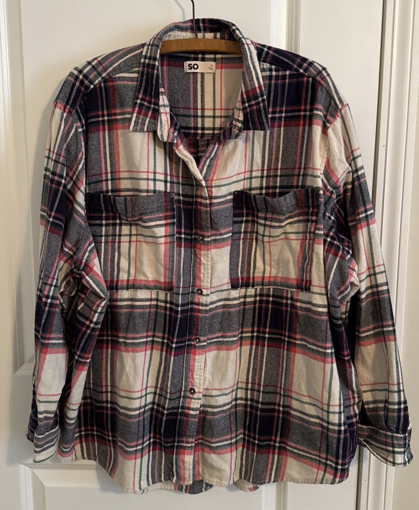 SO Shirt Flannel Women's 1X Navy/Pink Plaid Long Sleeve Button Up