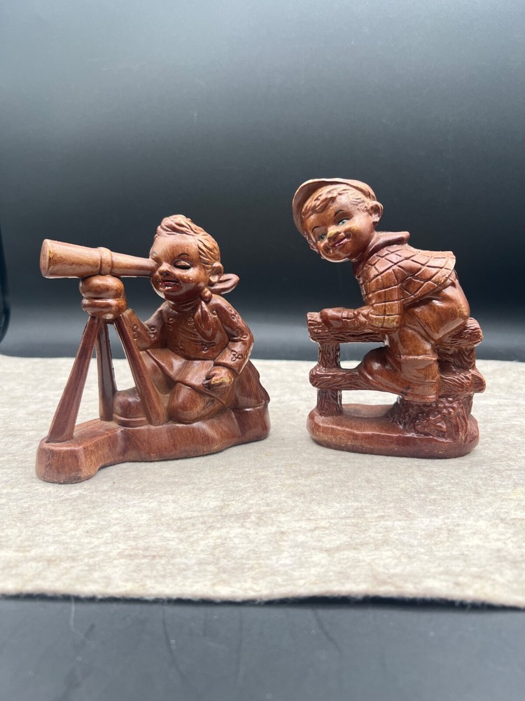 Vtg Resin nursery rhyme figures boy climbing fence girl telescope