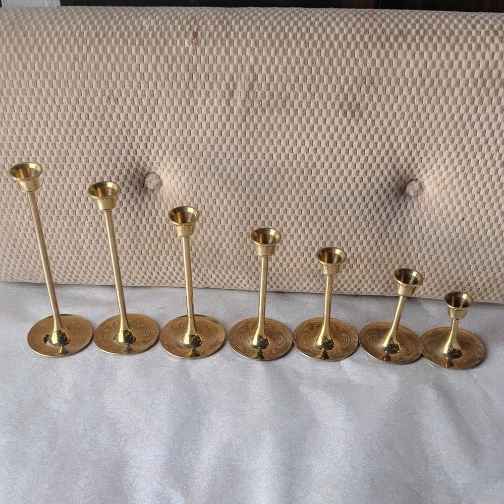 Set of 7 Polished Brass Taper Candle Holders Mid-Century Modern