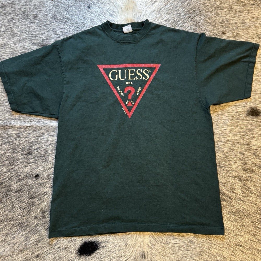🔥 Vintage 1993 Guess USA Washed Jeans Triangle Logo T-Shirt Green Large