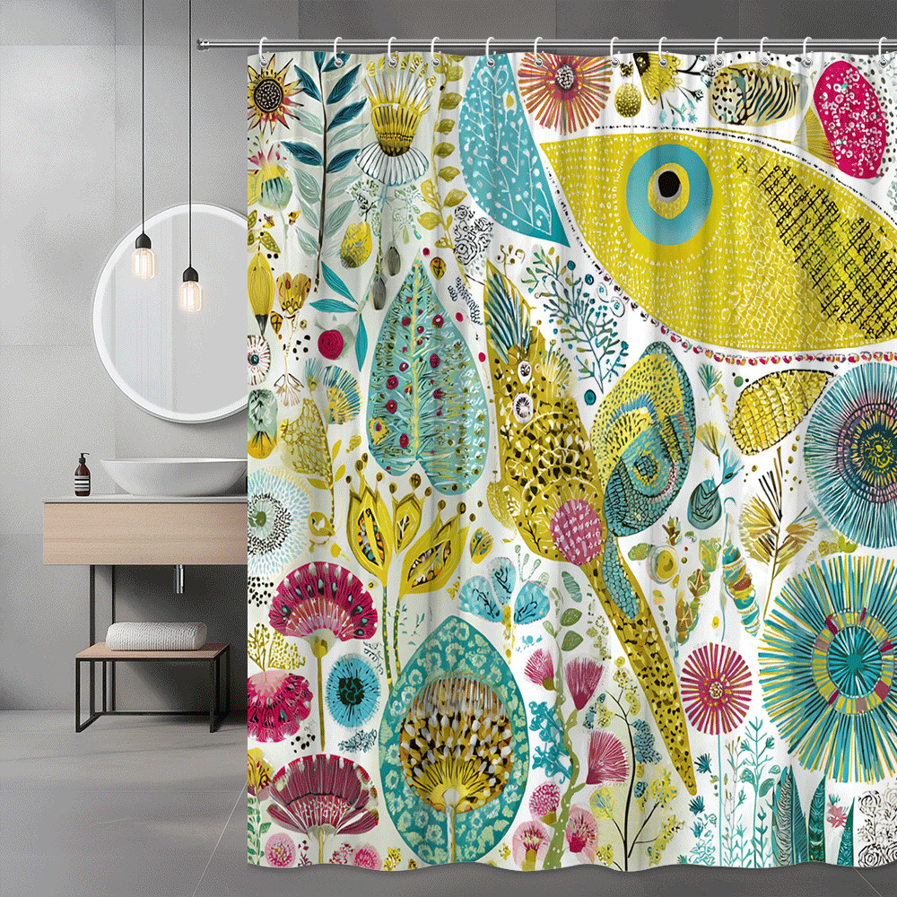 Colorful Floral Bird Shower Curtain, Abstract Botanical Print