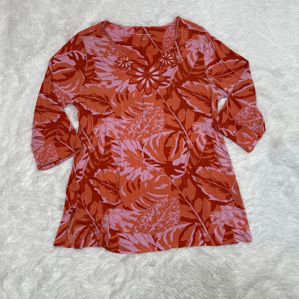 Soft Surroundings Womens Size XL Floral Beaded Tunic Blouse Shirt Resort Cruise