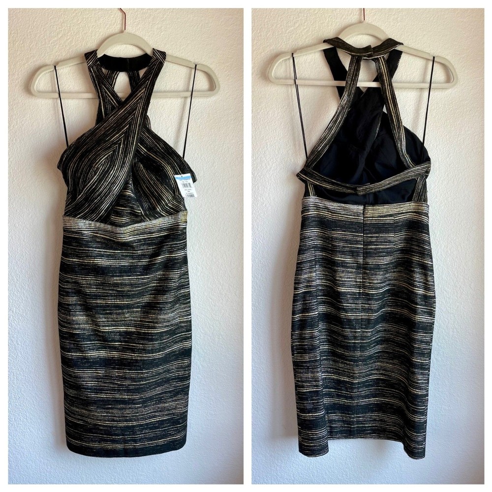 NWT Nicole Miller Crisscross Halter Open Back Dress in Black & Gold Metallic 4