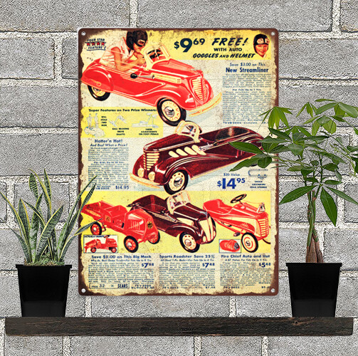 1937 Sears Pedal Cars Roadster Advertising Ad Baked Metal Repro Sign 9 x12 60136