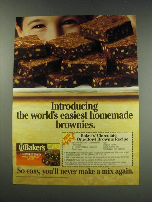 1991 Baker's Unsweetened Chocolate Ad - Baker's Chocolate One-Bowl Brownie