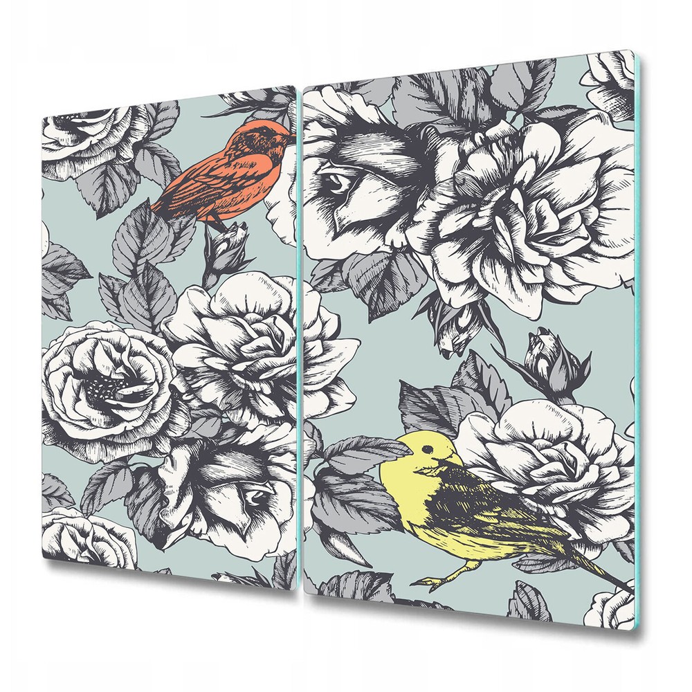 Glass Worktop Saver Kitchen Roses and Birds white and grey photo 2x30x52