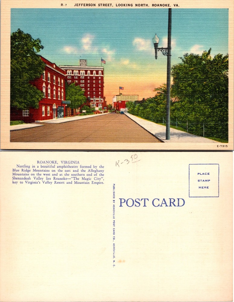 Jefferson Street Looking North Roanoke Virginia VA Postcard