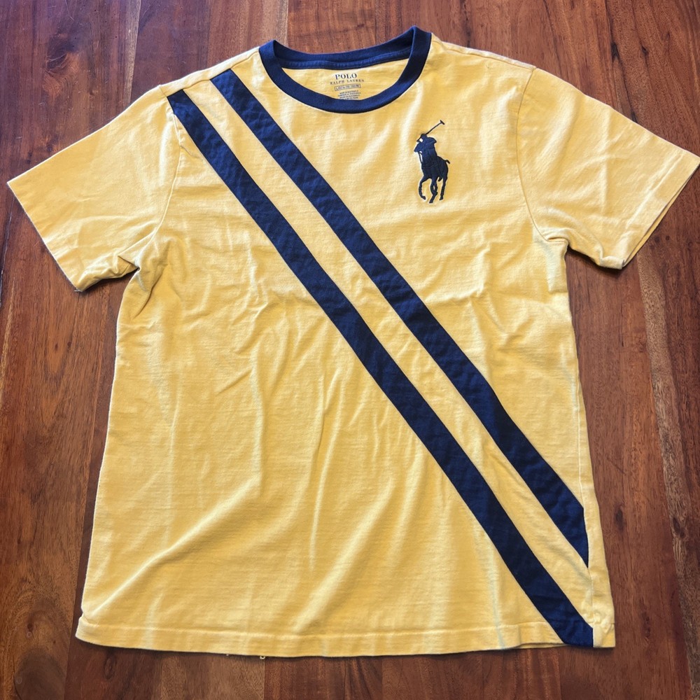 Polo Ralph Lauren Shirt Youth Large Yellow Blue Big Pony Short Sleeve Cotton Tee
