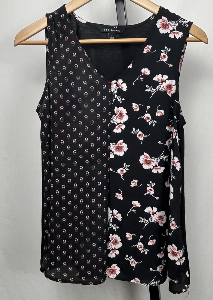 Zac & Rachel Floral Polka Dot Sleeveless Blouse Small V-Neck Camisole Tank Top