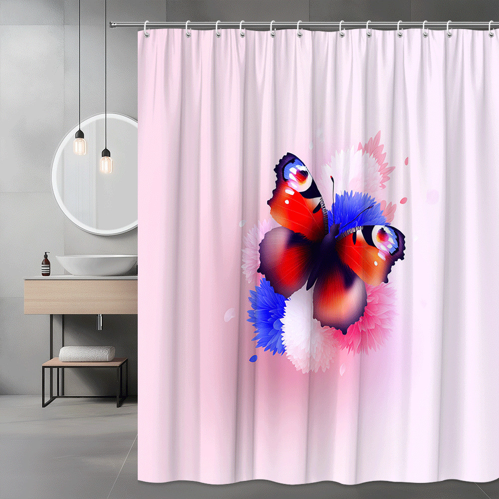 Butterfly Flower Shower Curtain Pink Blue Floral Print