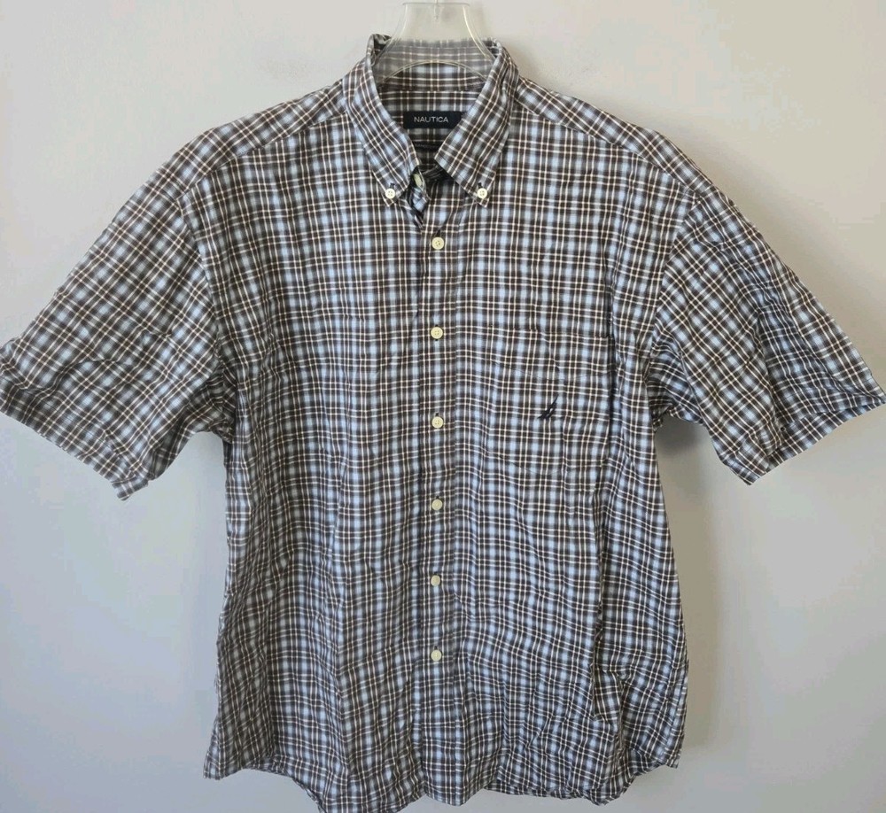 Nautica Mens Large Button Front Shirt Brown Blue Plaid Sanded Poplin Short...