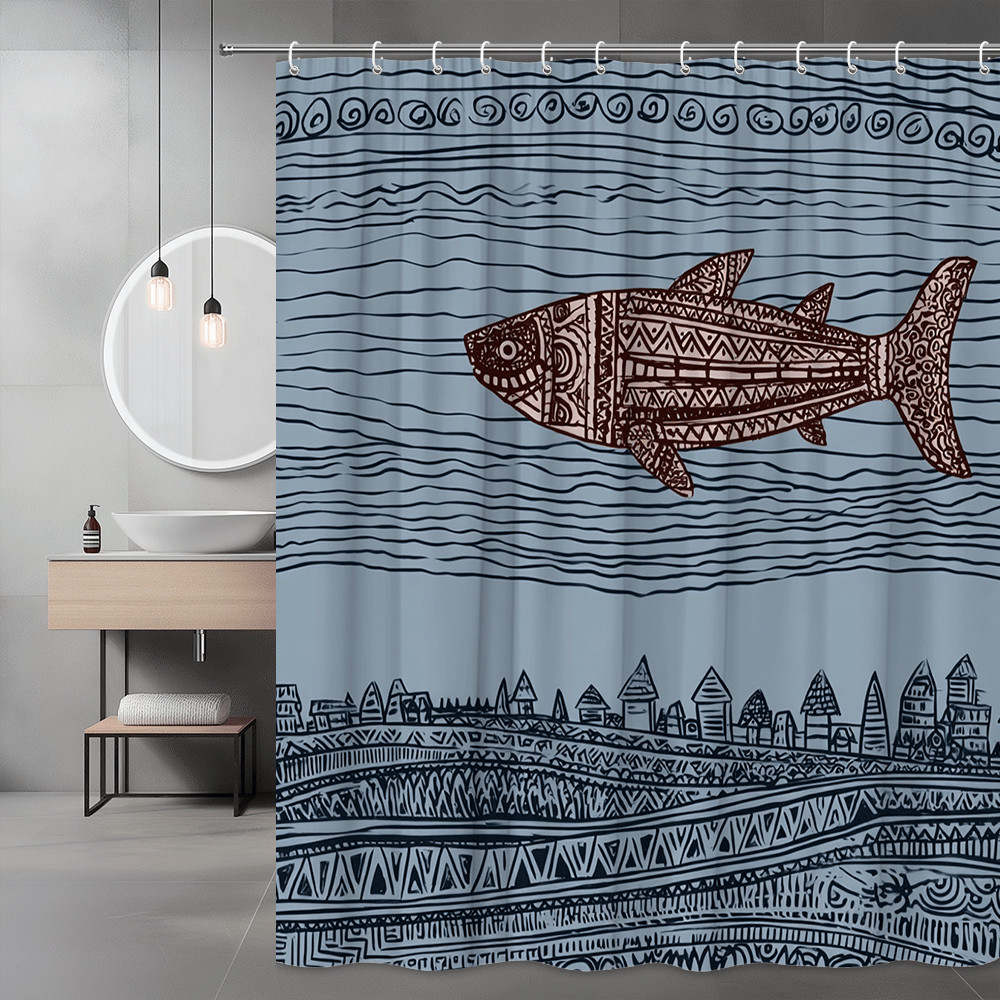 Ocean Shark Graphic Shower Curtain Blue Tribal Pattern