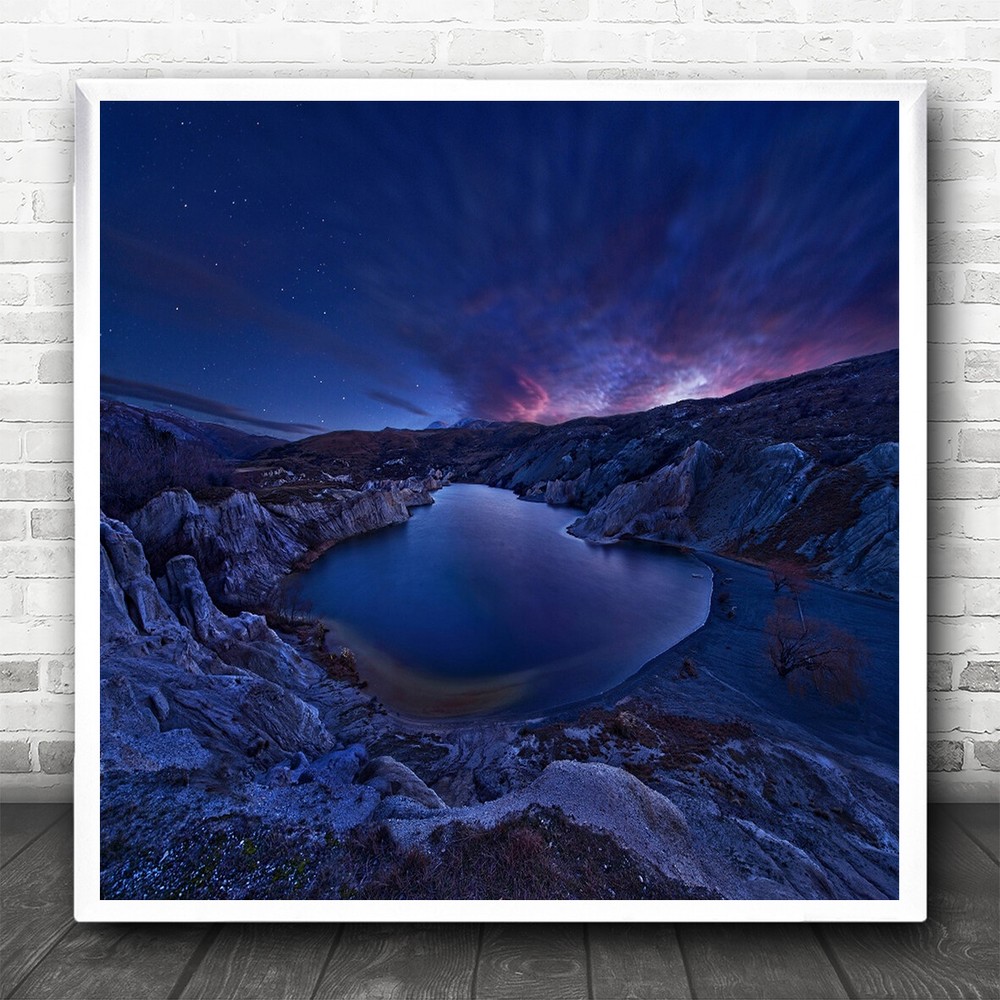 Mountains Lake Stars Blue Purple Night Mountain Pond Rock Rocks Square Art Print
