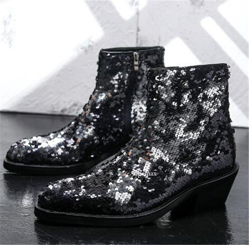 Men's Pointy Toe Sequins Chelsea Boots Shiny Leather Club Style