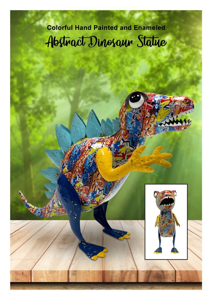Colorful Metal Stegosaurus Dinosaur Garden Statue - Abstract Graffiti Pattern-image