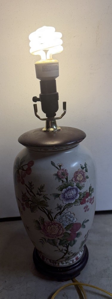 Vintage Floral Porcelain Table Lamp Asian Style Hand Painted Wood Base