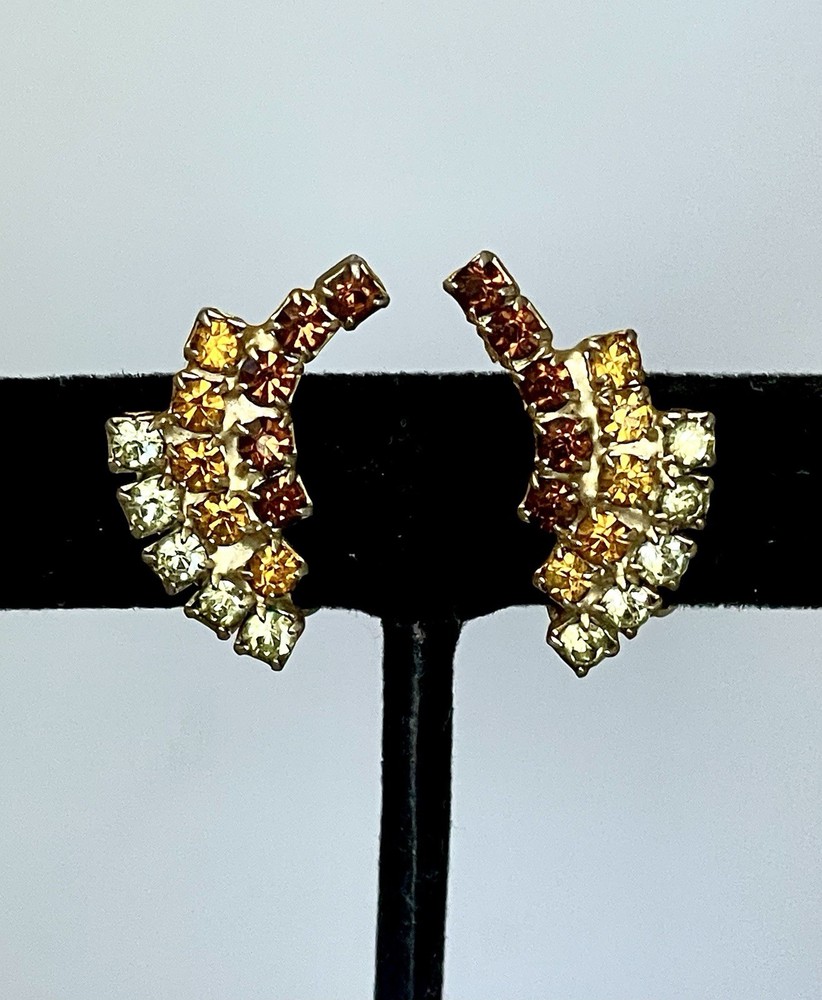Vintage Atomic Autumn Rhinestone Clip Earrings Gold Tone Topaz Amber Citrine MCM