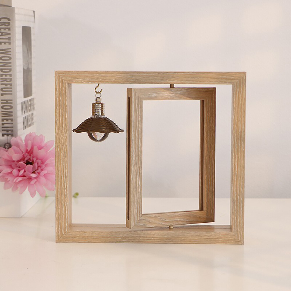 New 7in Picture Frames 360 Degree Rotating Creative Wood Photo Frame with Bulb