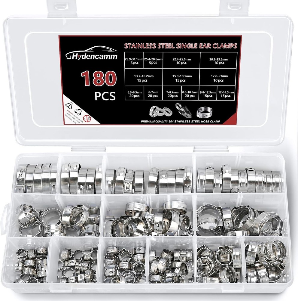 180PCS 13-Size 304 Stainless Steel Single Ear Hose Clamps 5.3-31.1mm