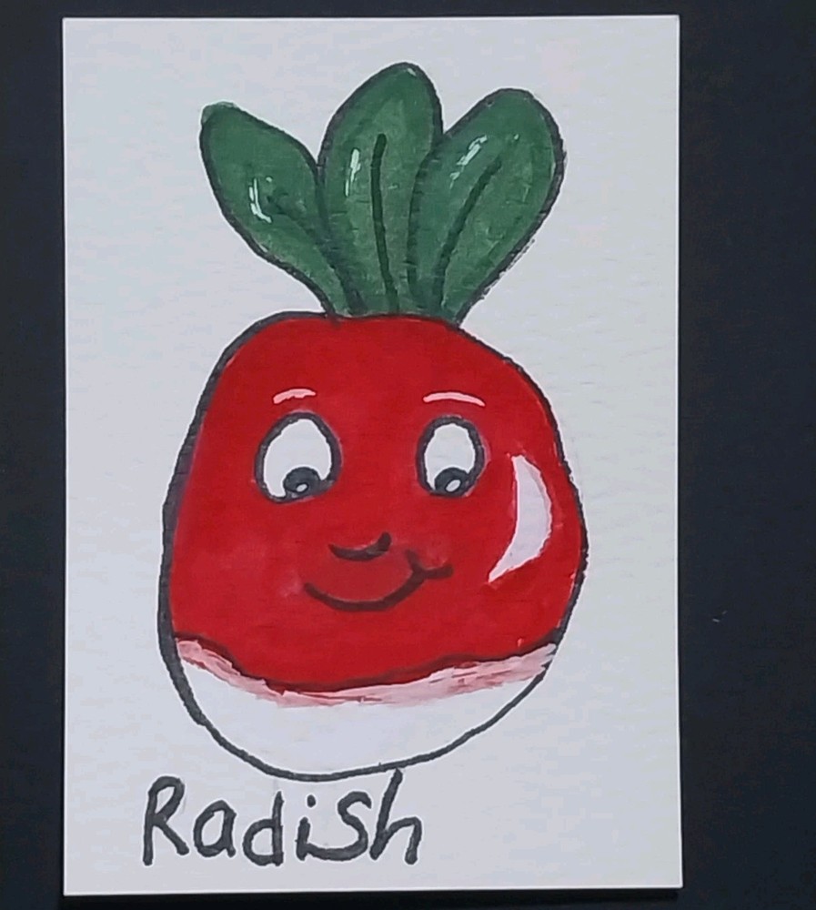 ACEO Original Art Card ATC Watercolor OOAK Signed Radish Garden Painting By GAT