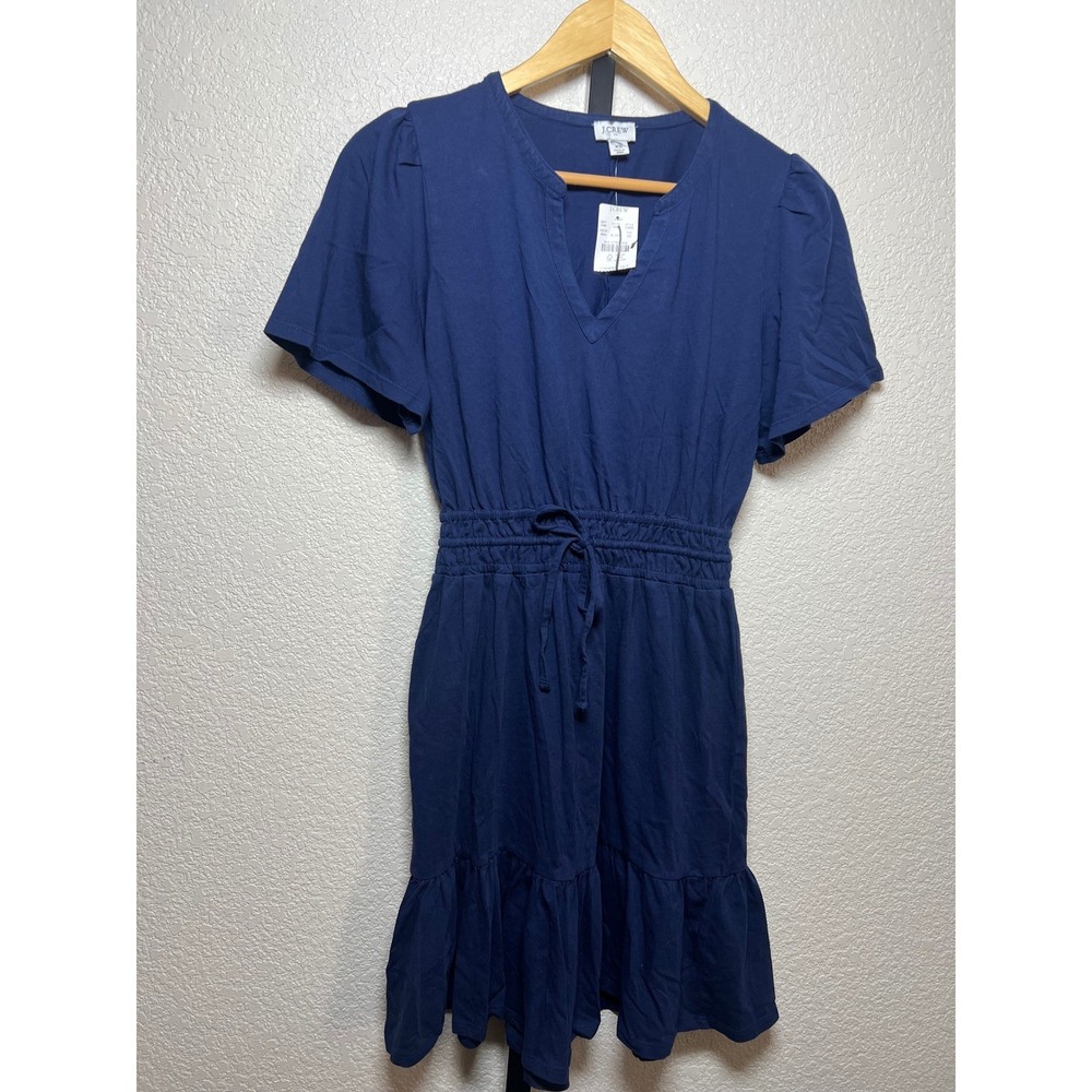 J.Crew Womens Dress XS Navy Blue Ruffle Hem Drawstring Waist V-Neck Short Sleeve