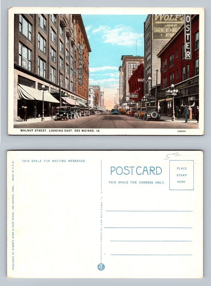 Des Moines, IA-Iowa, Walnut Street Looking East Younkers Store Vintage Postcard