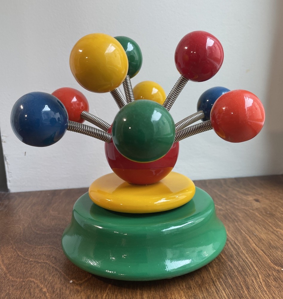 Vintage KOUVALIAS Wooden Toy Wind Up Music Box Multicolored Balls on Springs