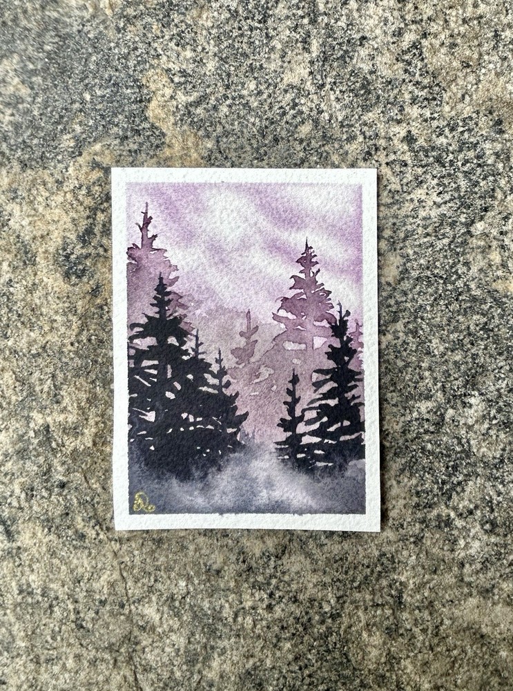 In The Pines-Original Watercolor ACEO Painting 2.5x3.5 ATC Card By Jenny Aleksi