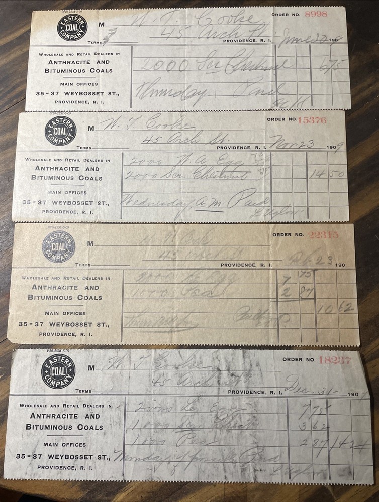 (4) 1909 Eastern Coal Company Providence Rhode Island Receipts 35-37 Weybosset