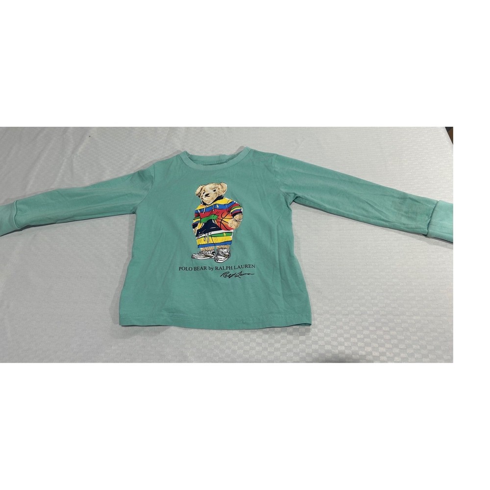 Polo Ralph Lauren Kids Polo Bear Basketball Long Sleeve Tee Teal Green Size 5