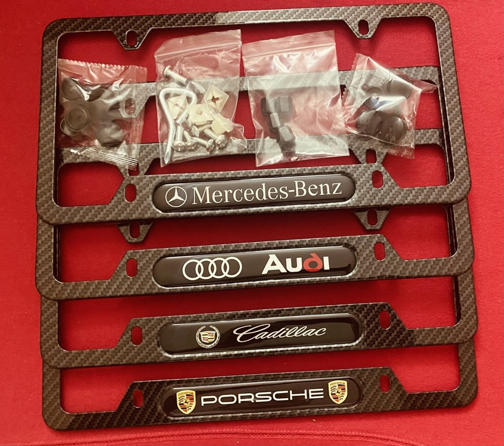 Audi BMW Cadillac Carbon Fiber License Plate Frame with Hardware & Stem Caps