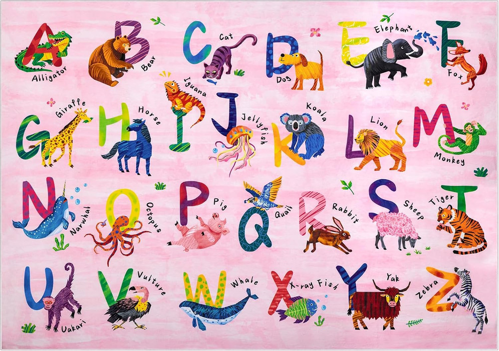 3X5 ABC Classroom Rug for Kids Playroom, Alphabet Rug with 26 Animals, Non-Slip