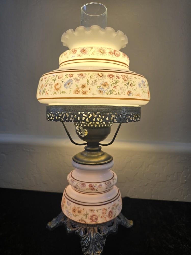 Vintage Hurricane Table Lamp with Delicate Floral Pattern