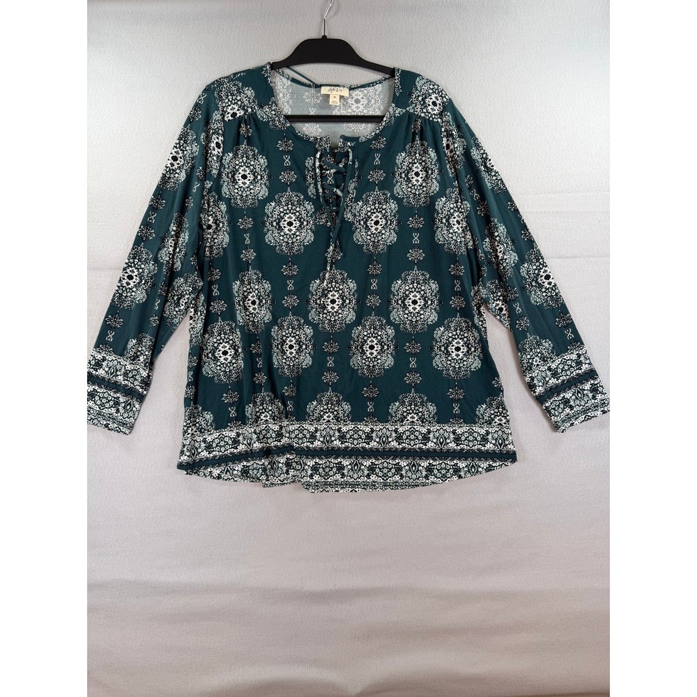 Style & Co Womens 2X Teal Green Medallion Lace Up Boho Long Sleeve Blouse Top