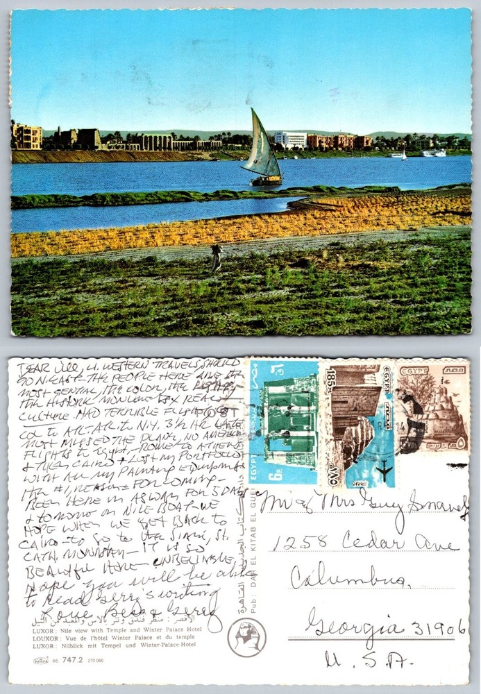 Vintage Luxor Egypt Nile River Felucca Temple Winter Palace Hotel Postcard