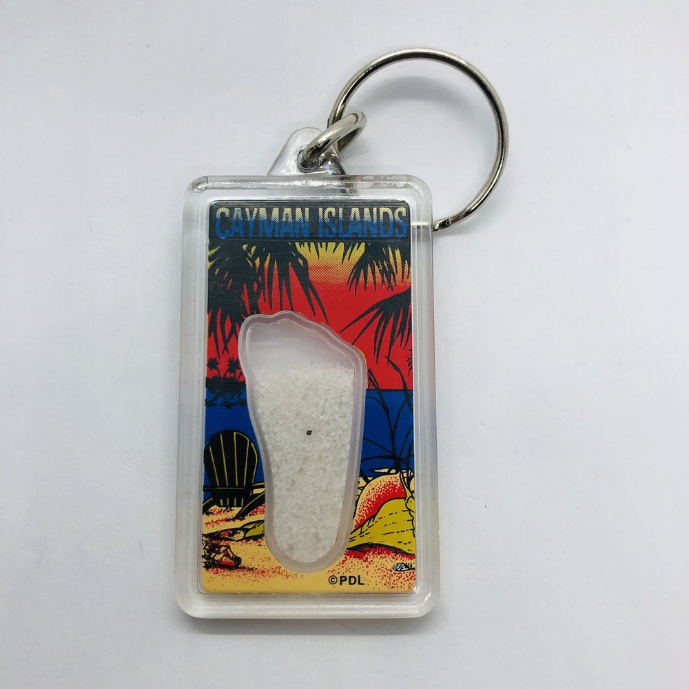 Cayman Islands Souvenir Acrylic Keychain w/ Real Beach Sand in Footprint