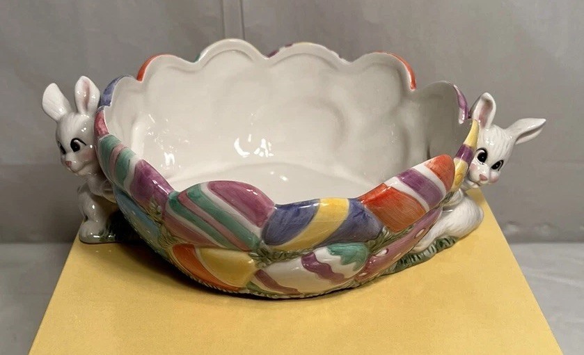 Vintage Fitz And Floyd Gathering Eggs Easter Candy Bowl 2 Bunny Rabbits 2001