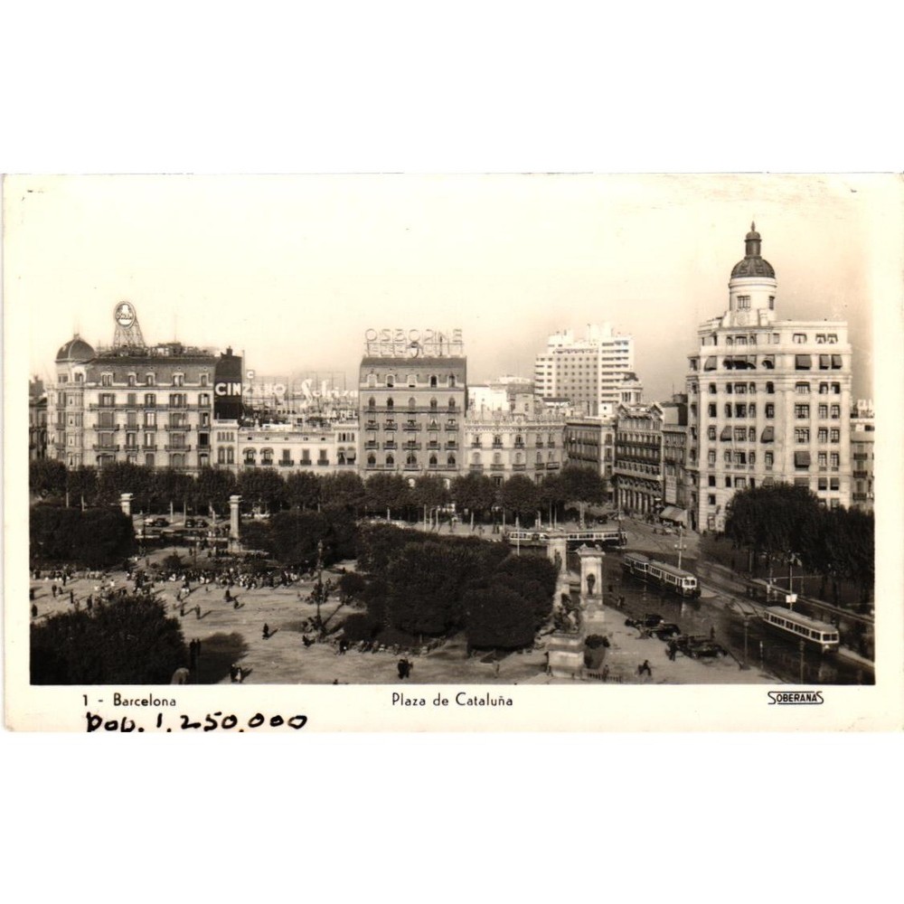 Vintage Barcelona Spain Plaza de Cataluna Postcard Soberanas RPPC Black White