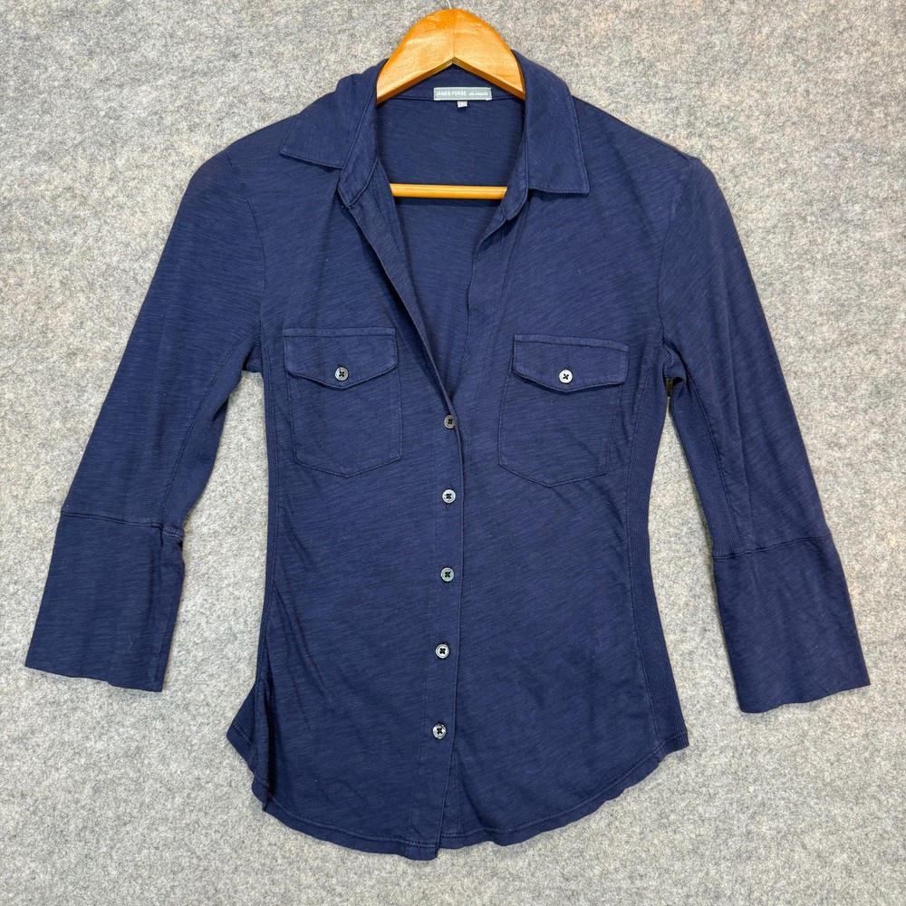 James Perse Sheer Slub Button Shirt Womens Small 1 Ribbed Side Panel Knit Navy