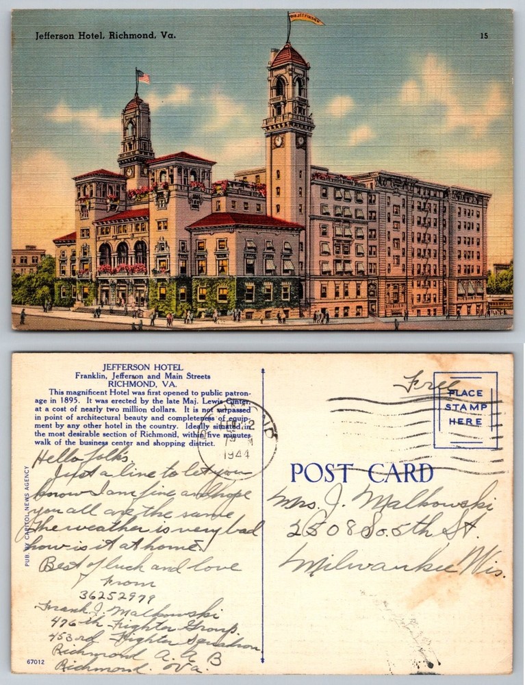 Vintage 1944 Jefferson Hotel Richmond VA Linen Postcard Capitol News Agency