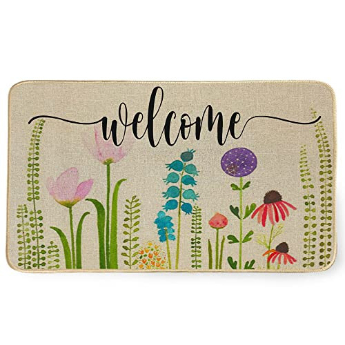 Colorful Spring Welcome Flower Mat Low-Profile Seasonal Rug for Outdoor Front Door Non-Slip Design