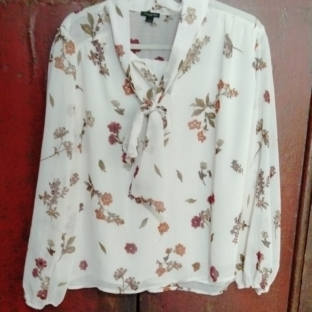 Ann Taylor Factory White Multicolor Floral Tie V-Neck Long Sleeve Blouse L Women