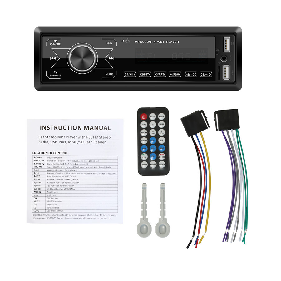 1 Din Radio Car MP3 Player Bluetooth Hands-free AUX USB Charging Remote Control