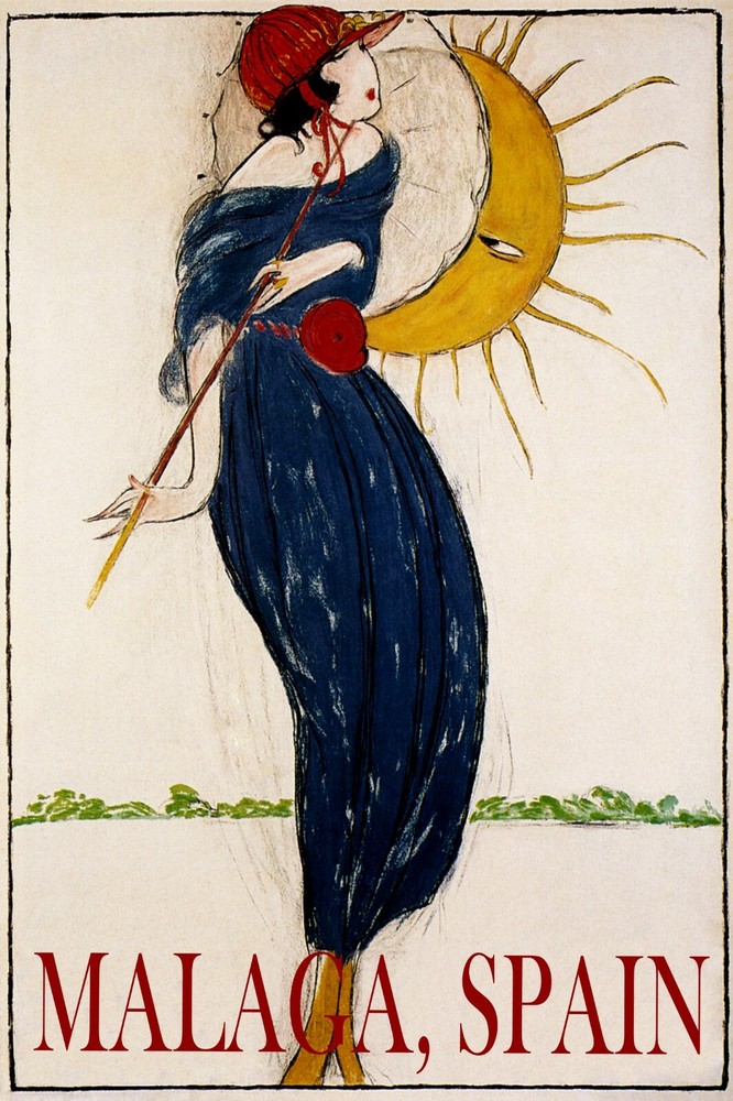 Summer in Malaga Retro Woman with Umbrella Vintage Poster Free Shipping